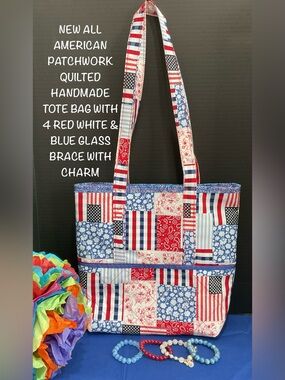 AMERICA PATCHWORK QUILTED TOTE BAG W/ RED WHITE & BLUE GLASS BRACELETS & CHARM